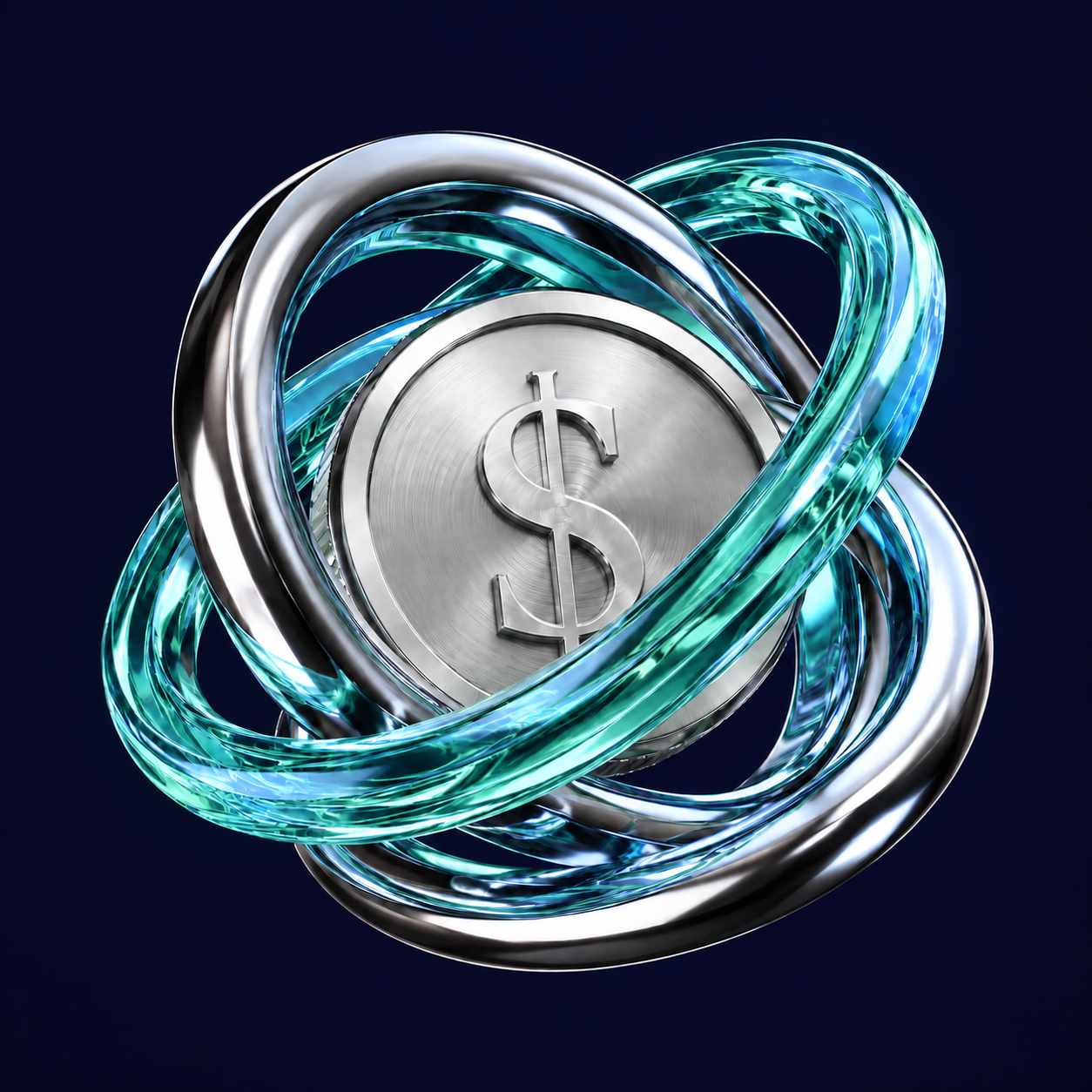 Chrome and mint glass rings orbiting a platinum coin embossed with a dollar sign